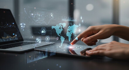 Global Business Technology: Hand Touching Digital World Map on Tablet