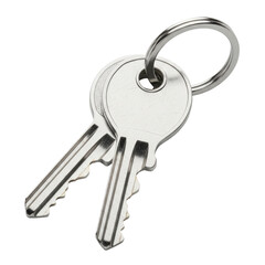 A close up view of two modern silver keys on a bright metal keyring, perfect for concepts of home security, access, and property ownership.