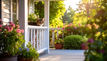 Naklejka premium Sunny porch with cat
