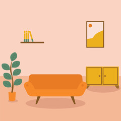 Living room with a sofa a plant and art.