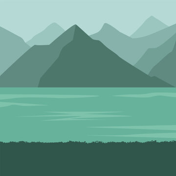 Landscape features mountains water and foliage rendered in shades of green.