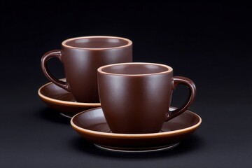 Fototapeta premium Two brown ceramic coffee cups with saucers on a dark background, representing a cozy morning or cafe setting