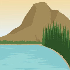 Beautiful lake with a large mountain and trees.