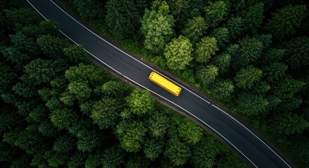 High-angle view of a yellow bus traveling on a winding road through a lush green forest.