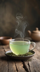 glass tea cup filled with hot green tea beside loose leaves placed on old wood table in traditional tea room lighting drink aesthetic for advertising or menu wallpaper background
