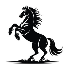 Powerful rearing black horse silhouette on white background