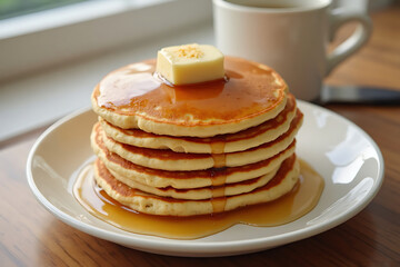A tall, delicious stack of fluffy golden pancakes with melting butter and sweet syrup, a classic breakfast served on a white plate.