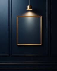 Deep navy wall with a single spotlight highlighting a gold-bordered frame, symbolizing exclusivity and luxury presentation.