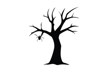 Fototapeta premium Spooky halloween tree with spider silhouette isolated on white background