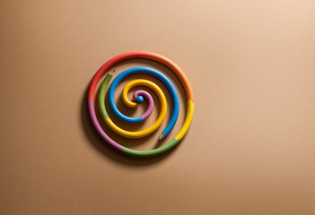 A vibrant, swirling spiral lollipop design with a rainbow of colors pencils