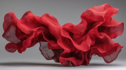 Red fabric folds against a muted backdrop