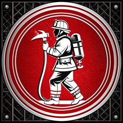 A firefighter in uniform, carrying a hose and axe, is depicted within a circular emblem on a textured background