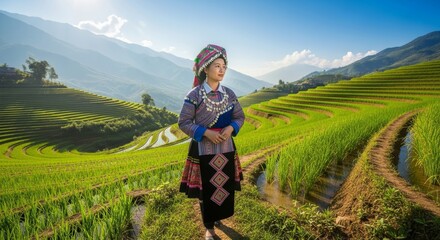 Obraz premium Traditional Woman in Ethnic Attire Surrounded by Rice Terraces