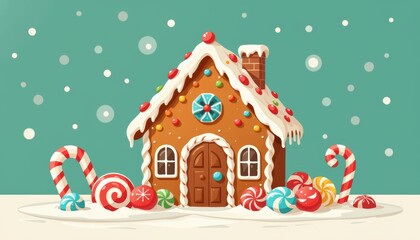Naklejka premium Gingerbread house decorated with candy in a snowy setting.