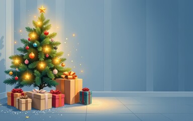 Christmas tree adorned with lights and gifts in a simple room setting.