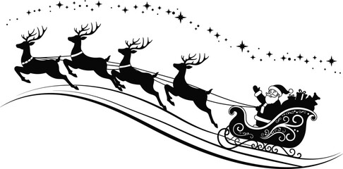 Santa Claus in sleigh flying with reindeer, Christmas night silhouette, festive holiday scene, winter celebration, magical sky, gift delivery ride