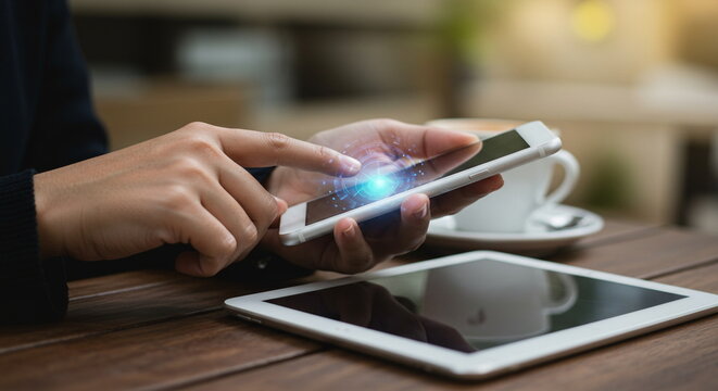 Mobile Technology and Connectivity: Person Using Smartphone with Digital Overlay