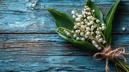 Delicate lily of the valley bouquet tied with twine on rustic blue wooden surface with empty space, symbolizing spring beauty and Labor Day tribute