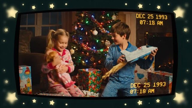 Grainy VHS-style footage of kids in 90s pajamas unwrapping gifts under colored bulb tree, timestamp in corner