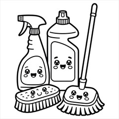 Cute Cleaning Supplies Coloring Page Kawaii Household Items Vector