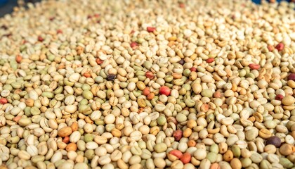 Fototapeta premium A large quantity of unroasted coffee beans in various shades of green, beige, and red