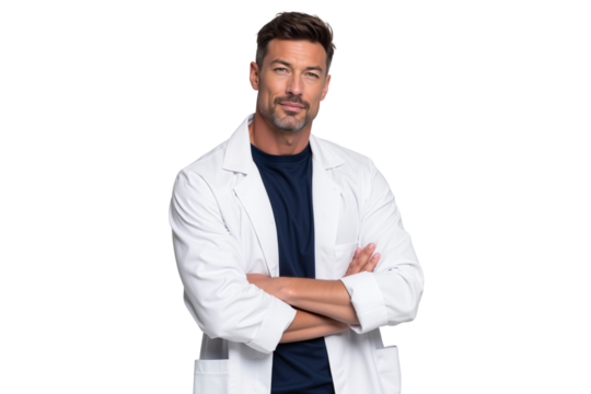 Mature male scientist in lab coat, arms crossed, smiling. Confident and professional studio portrait against transparent background