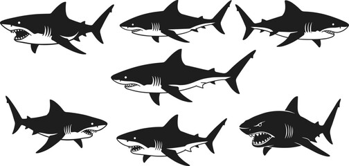 Set of aggressive shark vector illustrations, black and white sea predator silhouettes, marine wildlife clipart for design, tattoo, or logo.Set of aggressive shark vector illustrations, 