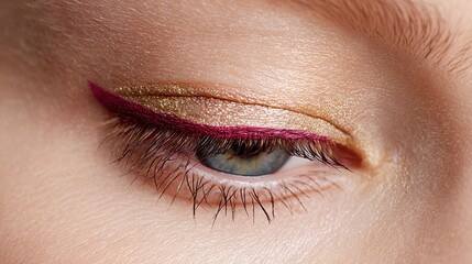 Obraz premium Burgundy winged reverse eyeliner with gold eyeshadow beauty eye makeup closeup macro highlight innercorner cool light neutral copyspace
