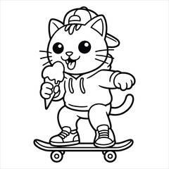 Cute Cat Skateboard Coloring Page Vector – Funny Animal Illustration for Kids