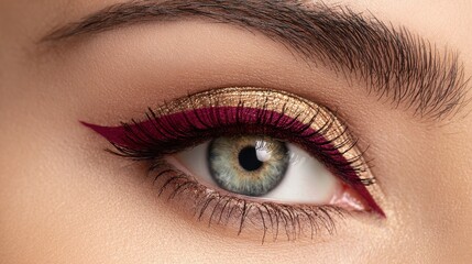 Obraz premium Burgundy winged reverse eyeliner with gold eyeshadow beauty eye makeup closeup macro highlight innercorner cool light neutral copyspace