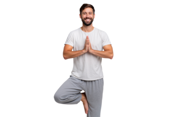 Handsome man practices a yoga tree pose with a joyful smile, healthy lifestyle isolated on transparent background