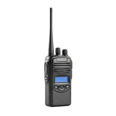 A durable black walkie talkie featuring an antenna, display screen, and buttons, ideal for clear two way communication in various professional and outdoor settings.