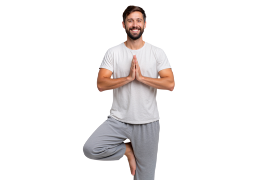 Handsome man practices a yoga tree pose with a joyful smile, healthy lifestyle isolated on transparent background - Powered by Adobe
