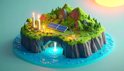 Obraz premium Low-poly island with solar panel and candles