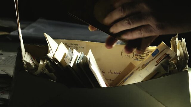 Searching Hands sorting old mail document letters in dimly lit room CLOSE-UP