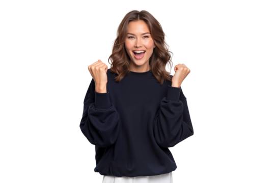 Cheerful woman in a navy sweatshirt, celebrating with hands clenched in fists, isolated on transparent background