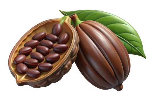 Cocoa pod with beans and leaves