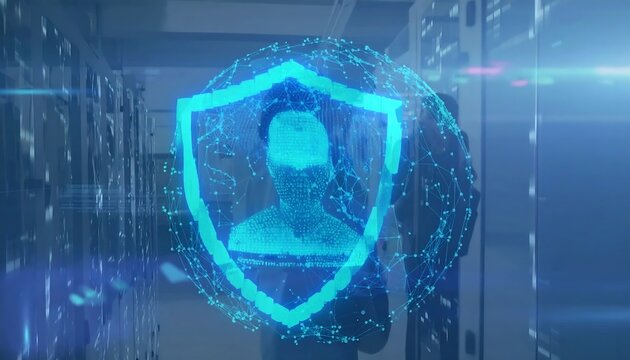 A glowing orb depicting a digital person inside a protective shield, set against a blurred server room background