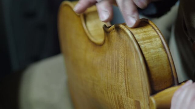 Luthier applies colored glaze and patina to violin ribs replicate ageing and wear, part of antiquing varnish process, wood grain visible, handheld macro close-up, finge - paint brush tecnique.