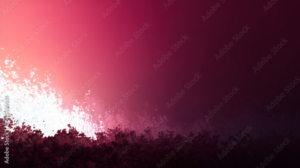 Poster faint pixelated white glow fades into deep crimson, creating captivating abstract digital art piece.