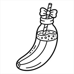 Banana Juice Bottle Coloring Page Vector Cute Fruit Drink with Straw and Bow