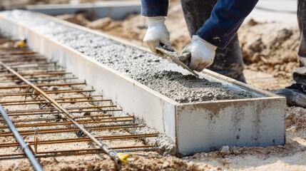 precast concrete casting pour form rebar vibration table trowel closeup process documentary industrial studio