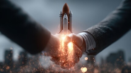 A captivating image of two hands shaking, with a rocket emerging between them, symbolizing collaboration and innovation in technology.