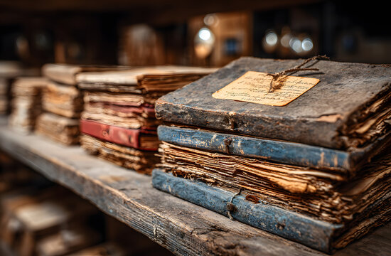 Stacks of old documents fill abandoned archive room shelves. Dusty papers organized in messy piles suggest forgotten history and nostalgic decay. Retro storage space shows aged records and paperwork.
