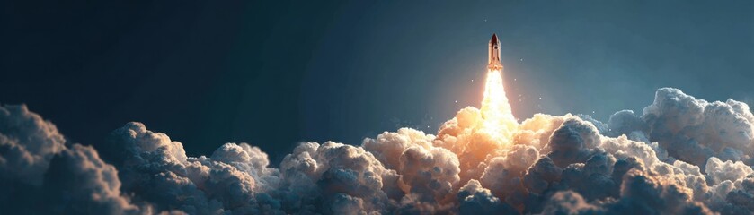 Fototapeta premium A rocket launches through clouds, illuminating the sky with fiery exhaust, symbolizing innovation and exploration.