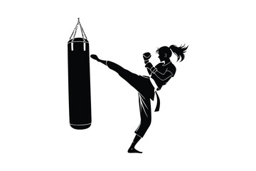 Woman practicing martial arts with a punching bag silhouette isolated on white background
