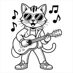 Cool Cat Playing Guitar Coloring Page Vector for Kids