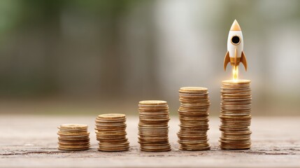 A rocket launching from a stack of coins symbolizes financial growth and investment success in a dynamic business environment.