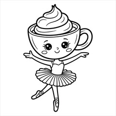 Cute Coffee Cup Ballerina Coloring Page Vector for Kids