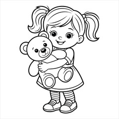 Cute Girl Hugging Teddy Bear Coloring Page Vector Illustration